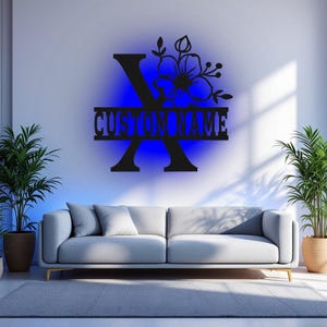 Arte de pared de metal con letras florales personalizadas y luz LED, letrero con nombre de familia y letras del alfabeto personalizado para decoración de habitación, decoración LED de metal con apellido