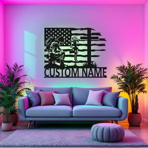 Custom US Soldier Kneeling Metal Wall Art With LED Light, Personalized Soldier Name Sign Decoration For Room, Soldier Metal LED Decor