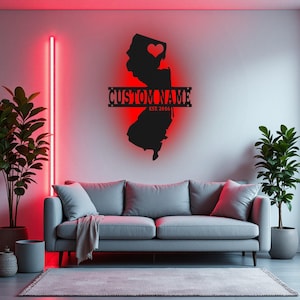 Arte de pared de metal con mapa de Nueva Jersey personalizado con luz LED, letrero con nombre del estado de Nueva Jersey personalizado para decoración de habitación, decoración LED Born In New Jersey