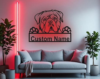 LEDライト付きカスタム・ドッグ・ド・ボルドー・メタルウォールアート、パーソナライズされたドッグ・ド・ボルドー・ネームサイン装飾、犬部屋用、ドッグ・ド・ボルドー