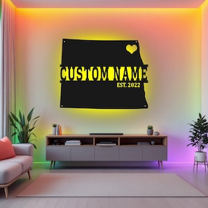 Arte de pared de metal con mapa de Dakota del Sur personalizado con luz LED, letrero con el nombre del estado de Dakota del Sur personalizado para decoración de habitación, nacido en Dakota del Sur