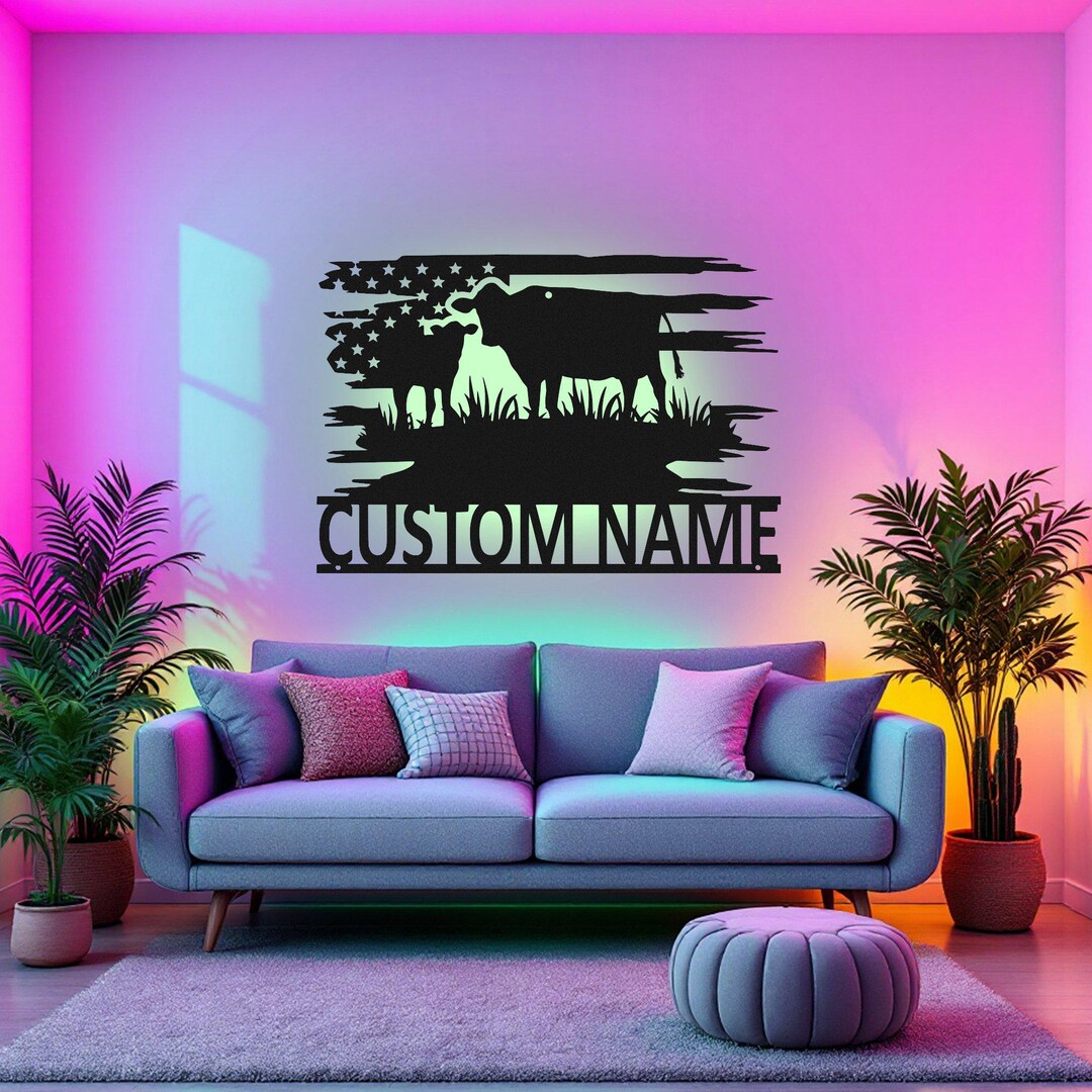 Cow Custom Custom US Cow Metal Wall Art With LED Light, Personalized Cow Farm Name ...