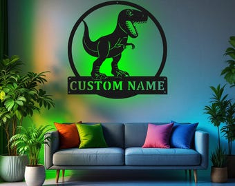 Custom Dinosaur TRex Metal Wall Art With LED Light, Personalized Dinosaur Name Sign Decoration For Room, Dinosaur TRex Metal LED Decor