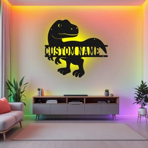 Custom Dinosaur Metal Wall Art With LED Light, Personalized Dinosaur Name Sign Decoration For Room, Dinosaur Metal LED Decor,Custom Dinosaur