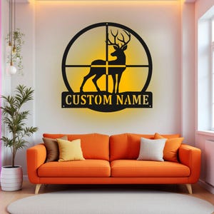 Kundenspezifische Deer-Umfang-Metallwand-Kunst mit LED-Licht, personalisierter Deer-Jäger-Namensschild-Dekoration für Raum, Rotwild-Metall-LED-Dekor, Rotwild-Zeichen