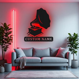 Custom Phonograph Record Metal Wall Art With LED Light, Personalized Record Player Name Sign Decoration For Room, Gramophone Metal LED Decor