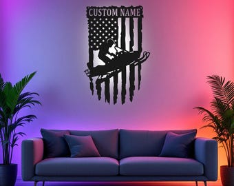 Arte mural metálico personalizado para motonieve estadounidense con luz LED, letrero con nombre personalizado para motonieve, decoración para habitación, decoración metálica LED para motonieve