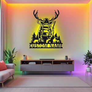 Benutzerdefinierte Deer Hunter Metallschild mit LED-Licht, personalisierte Deer Hunter Namensschild Dekoration für Zimmer, Deer Hunter Metall LED Dekor