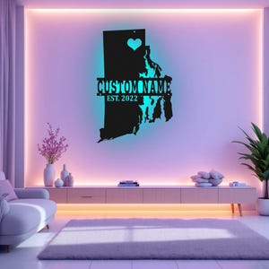 Arte de pared de metal con mapa de Rhode Island personalizado con luz LED, letrero con nombre de Rhode Island personalizado para decoración de habitación, decoración LED Born In Rhode Island
