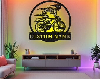 Arte de pared de metal con calavera de bicicleta personalizado con luz LED, letrero con nombre de calavera de bicicleta personalizado para decoración de habitación, decoración de metal con calavera de bicicleta para el hogar
