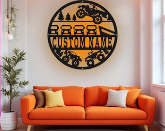 Custom Monster Truck Metal Wall Art With LED Light, Personalized Monster Truck Name Sign Decoration For Room, Monster Truck Metal LED Decor