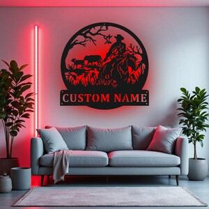 Benutzerdefinierte Pferd Cowboy Metall Wandkunst mit LED-Licht, personalisierte Cowboy Name Zeichen Dekoration für Zimmer, Pferd Cowboy Metall Wohnkultur