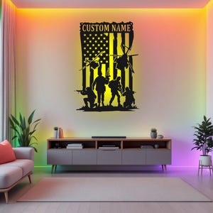Custom US Military Soldiers Metal Wall Art With LED Light, Personalized Soldier Name Sign Decoration For Room, Soldier Team Metal LED Decor