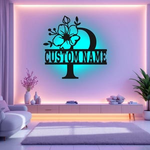 Custom Floral Alphabet P Metal Wall Art With Led Light, Personalized Alphabet Family Name Sign Decoration For Room,Last Name Metal LED Decor