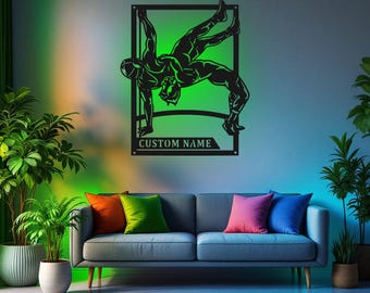 Letrero de lucha libre masculino personalizado, arte de pared de metal con luz LED, letrero con nombre de luchador personalizado, decoración LED de metal de lucha libre masculina