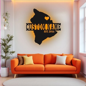 Arte de pared de metal con mapa de Hawái personalizado con luz LED, letrero con el nombre del estado de Hawái personalizado para decoración de habitación, decoración LED de metal con el nombre de Nacido en Hawái