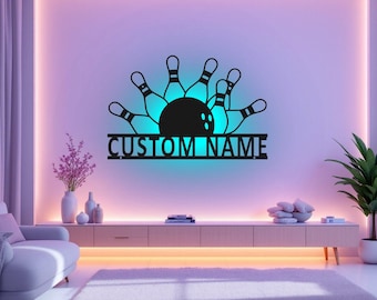 LEDライト付きカスタムボウリングピンメタルウォールアート、パーソナライズされたボウリングピンプレーヤー名サインデコレーション、部屋用ボウリングピンメタルLEDデコレーション