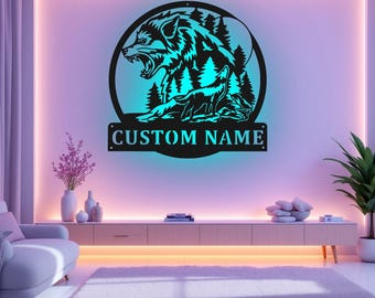 Custom Mountain Wolf Metal Wall Art With LED Light, Personalized Wolf Name Sign Decoration For Room, Wolf Metal Home Decor, Custom Wolf
