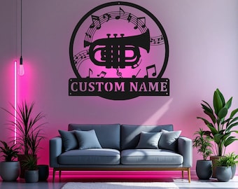 カスタムポケットトランペット楽器メタルウォールアートLEDライト付き、パーソナライズされたポケットトランペットの名前サイン装飾、部屋、トランペット