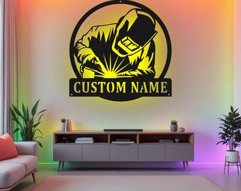 Custom Welder Metal Sign With LED Light, Personalized Welder Name Sign Decoration For Room, Tree Welder Metal LED Decor, Welder Name Sign