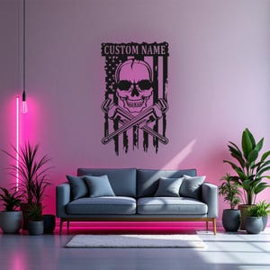 Custom US Plumber Skull Metal Wall Art With LED Light, Personalized Plumber Name Sign Decoration For Room, Plumber Skull Metal LED Decor