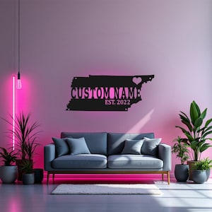 Arte de pared de metal con mapa de Tennessee personalizado con luz LED, letrero con el nombre del estado de Tennessee personalizado para decoración de habitación, decoración LED Born In Tennessee