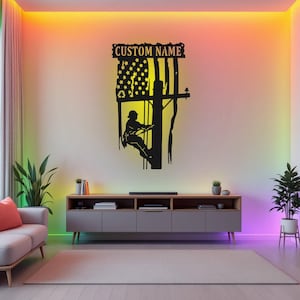 Custom US Lineman Metal Wall Art With LED Light, Personalized Lineman Name Sign Decoration For Room, Lineman Metal LED Decor, Custom Lineman