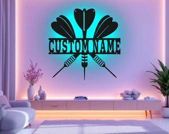 LEDライト付きカスタムダーツメタルウォールアート、パーソナライズされたダーツプレイヤー名サイン装飾、部屋用ダーツメタルLED装飾、カスタムダーツ