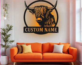 LEDライト付きカスタムハイランドカウメタルウォールアート、パーソナライズされたハイランドカウファーム名サインデコレーション、部屋用ハイランドカウメタルLED装飾
