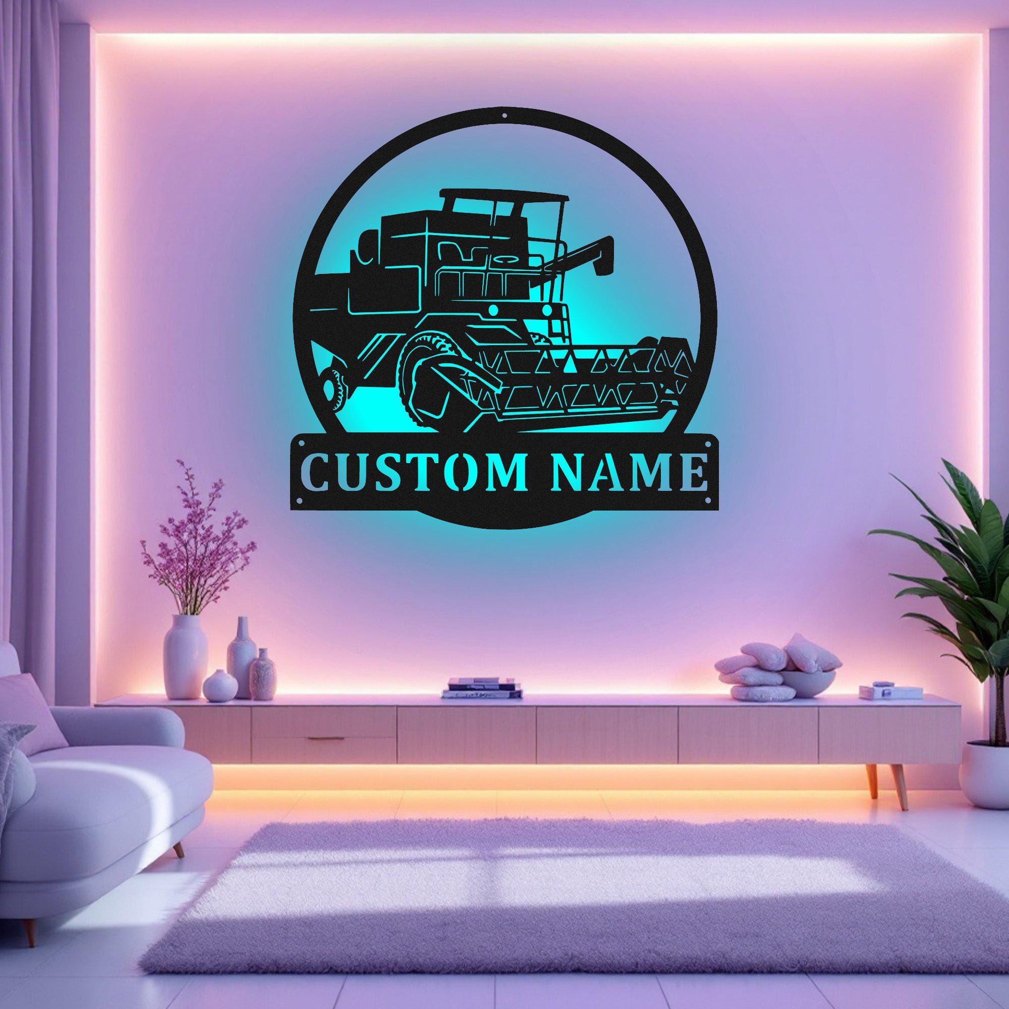 Art mural personnalisé en métal pour moissonneuse-batteuse avec lumière LED, décoration personnalisée de signe de nom de moissonneuse-batteuse pour la chambre, décor de moissonneuse-batteuse