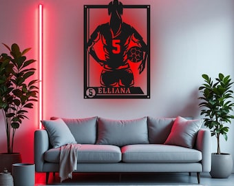LEDライト付きカスタム女子サッカー看板メタルウォールアート、パーソナライズされたサッカー選手名サインデコレーション、女子サッカーメタルLEDデコレーション