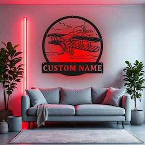 Custom Biplane Metal Wall Art With LED Light, Personalized Biplane Pilot Name Sign Decoration For Room, Biplane Home Decor, Custom Biplane