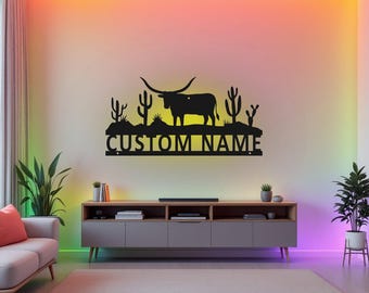 Custom Longhorn Metal Wall Art With LED Light, Personalized Longhorn Name Sign Decoration For Room, Longhorn Metal LED Decor,Custom Longhorn