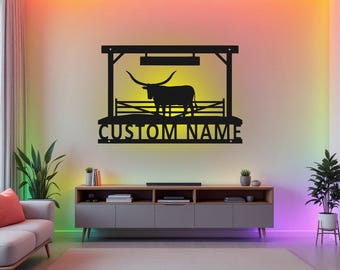 Custom Longhorn Metal Wall Art With LED Light, Personalized Longhorn Name Sign Decoration For Room, Longhorn Metal LED Decor,Custom Longhorn