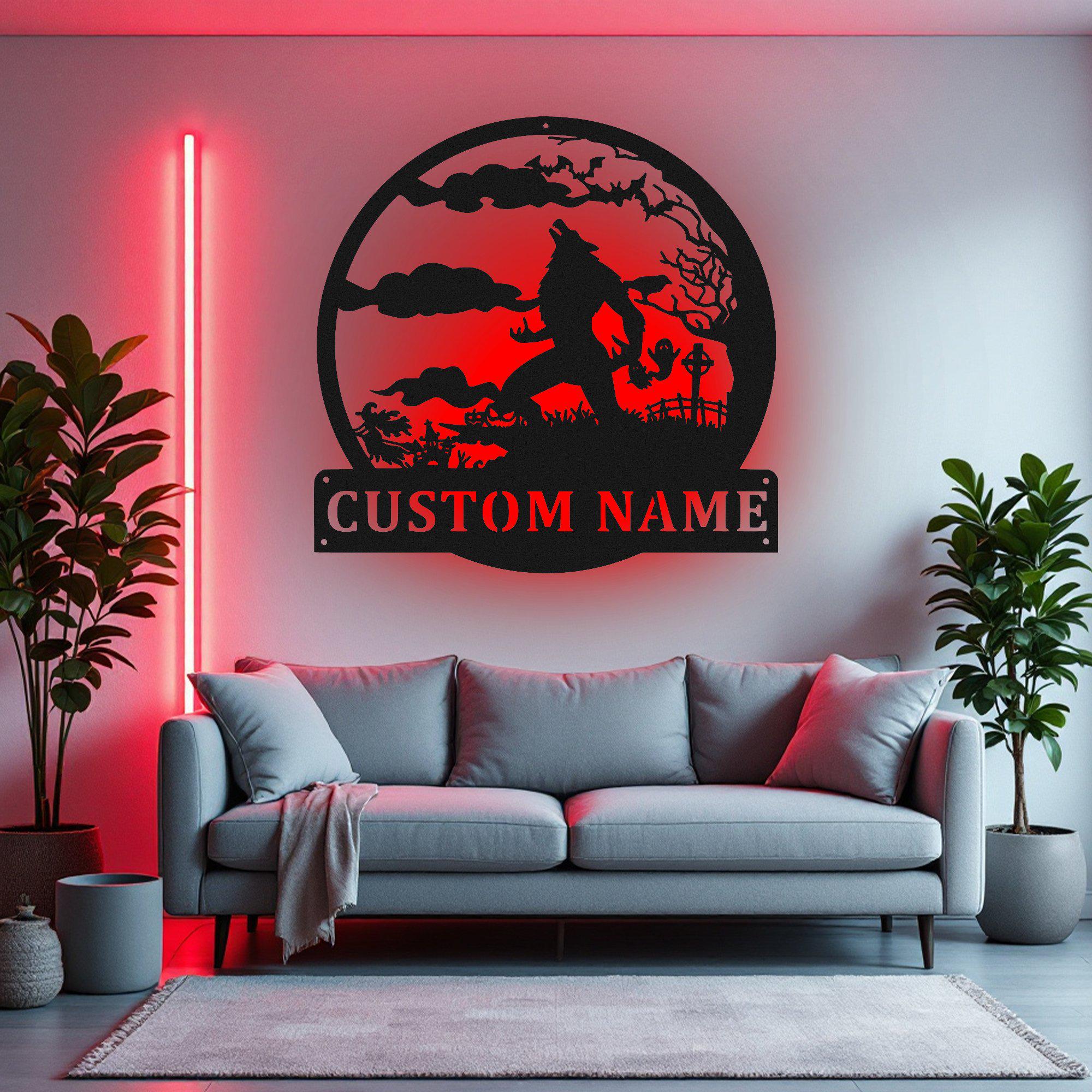 Warewolf Signs Custom Werewolf Full Moon Metal Wall Art With LED Light, Personalized ...