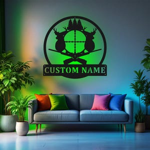 Custom Deer Hunting Metal Wall Art With LED Light, Personalized Deer Hunter Name Sign Decoration For Room, Deer Hunting Metal Home Decor