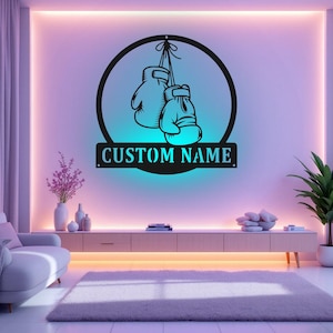 Custom Boxing Gloves Metal Wall Art With LED Light, Personalized Boxing Player Name Sign Decoration For Room, Boxing Metal LED Decor