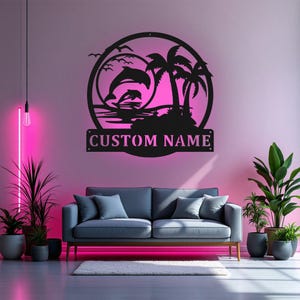 Custom Dolfijn Scène Zonsondergang Metal Wall Art Met Led-licht, gepersonaliseerde Dolfijn Naambord Decoratie Voor Kamer, Dolfijn Metal Home Decor