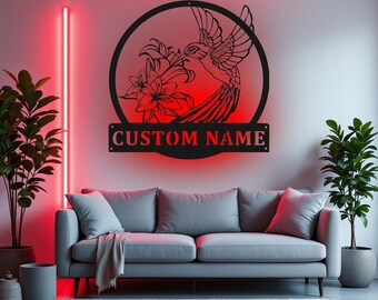 Kundenspezifische Kolibri-Blumen-Metallwand-Kunst mit LED-Licht, personalisierte Kolibri-Namensschild-Dekoration für Raum, Kolibri-Metall-LED-Dekor