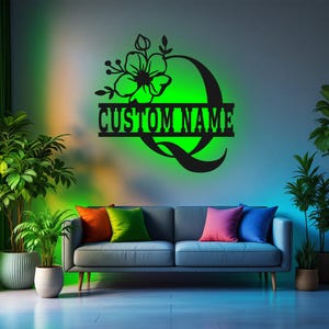 Custom Floral Alphabet Q Metal Wall Art With Led Light, Personalized Alphabet Family Name Sign Decoration For Room,Last Name Metal LED Decor