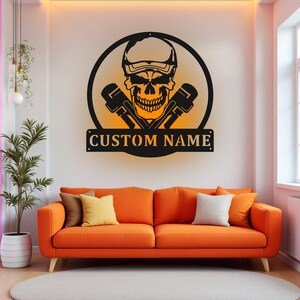 Custom Plumber Skull Metal Wall Art With LED Light, Personalized Plumber Name Sign Decoration For Room, Plumber Home Decor, Custom Plumber