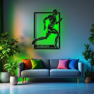 Custom Male Running Signage Metal Wall Art With LED Light, Personalized Running Player Name Sign Decoration, Running Metal LED Decor