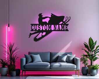 Custom Man Snowmobile Metal Wall Art With LED Light, Personalized Snowmobiler Name Sign Decoration For Room, Man Snowmobile Metal LED Decor