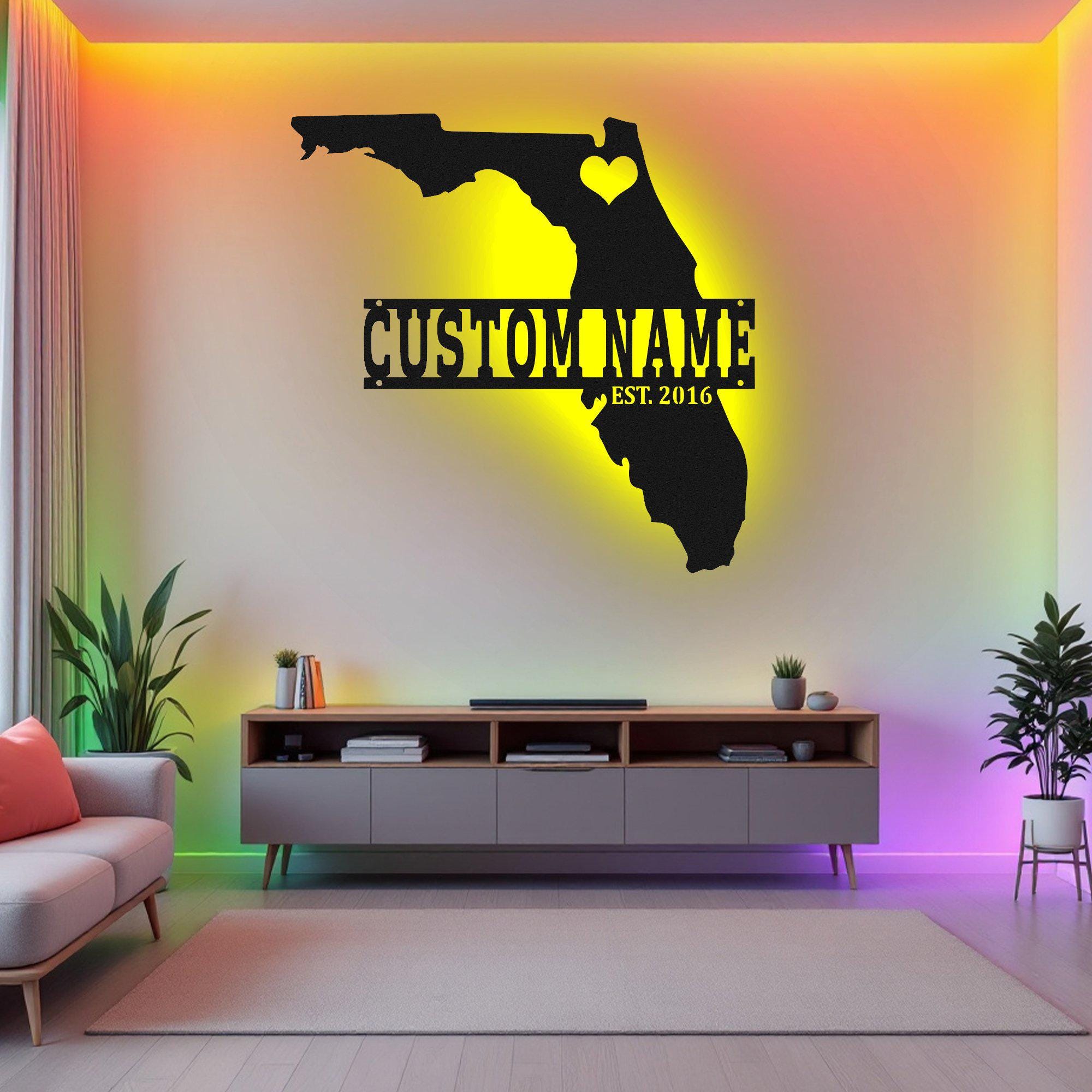 Custom Florida Map Metal Wall Art With Led Light, Personalized Florida ...