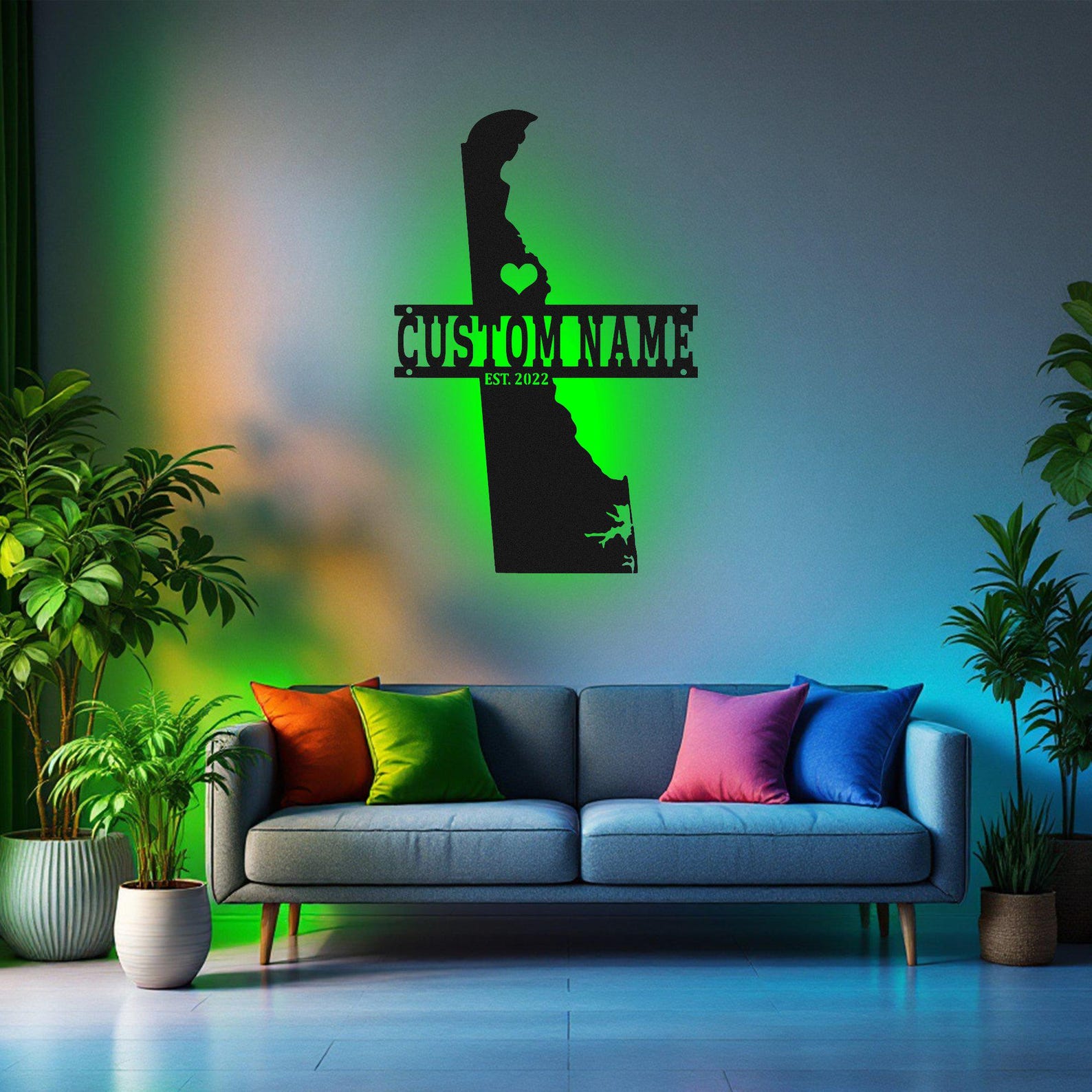 Delaware Name Design Custom Delaware Map Metal Wall Art With Led Light, Personalized ...