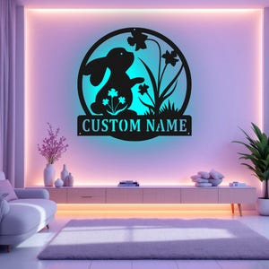 Custom Bunny Floral Metal Sign With LED Light, Personalized Bunny Name Sign Decoration For Room, Bunny Floral Metal LED Decor, Bunny Sign