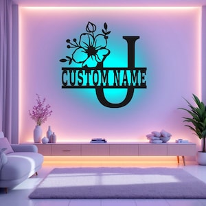 Custom Floral Alphabet U Metal Wall Art With Led Light, Personalized Alphabet Family Name Sign Decoration For Room,Last Name Metal LED Decor