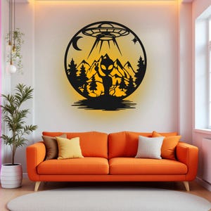 Alien Under The Moon Metal Wall Art With LED Light, Alien Under The Moon Sign Decoration For Room, UFO Alien Under The Moon Metal LED Decor