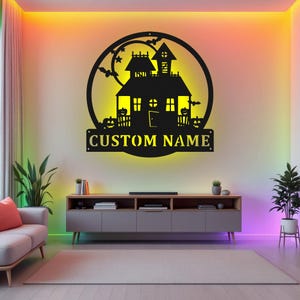 Custom Haunted House Metal Wall Art With LED Light, Personalized Halloween House Name Sign Decoration For Room, Halloween Metal LED Decor