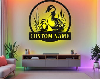 Letrero metálico de pato personalizado con luz LED, letrero con nombre de pato personalizado para decoración de habitación, decoración LED de metal de pato, letrero metálico con nombre de pato personalizado